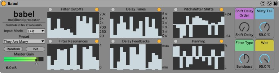 Max for Live multiband procesor with filter, delay, pitchshifter and reverb